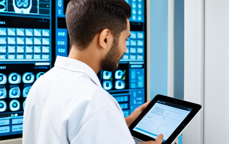 A focused professional radiographer, fully clothed in a modest, clean medical uniform, in a modern, well-lit imaging control room. The radiographer is holding a digital tablet displaying a consent form and looking towards a patient (subtly out of frame) with a calm, reassuring expression. The scene emphasizes clear communication and meticulous documentation in a professional medical setting. Perfect anatomy, correct proportions, natural pose, well-formed hands, proper finger count, professional photography, high quality, safe for work, appropriate content, family-friendly, modest clothing.