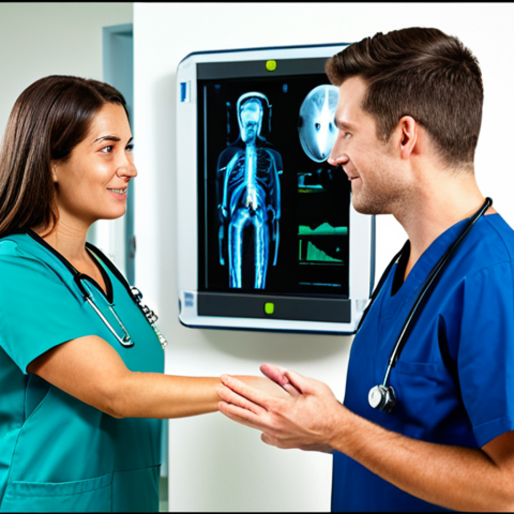 Interdepartmental Communication in a Hospital**
A bustling hospital hallway scene. A fully clothed radiologist in scrubs is communicating with a nurse in a modest uniform and a doctor in professional attire. An electronic health record screen is visible in the background. The setting is a modern, well-lit hospital environment. Emphasis on teamwork and information sharing. Safe for work, appropriate content, professional, perfect anatomy, correct proportions, natural pose, well-formed hands, proper finger count, natural body proportions.
**