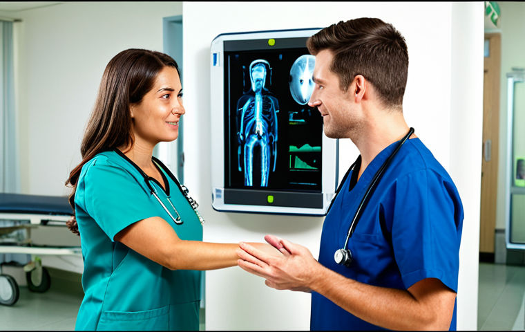 Interdepartmental Communication in a Hospital**
A bustling hospital hallway scene. A fully clothed radiologist in scrubs is communicating with a nurse in a modest uniform and a doctor in professional attire. An electronic health record screen is visible in the background. The setting is a modern, well-lit hospital environment. Emphasis on teamwork and information sharing. Safe for work, appropriate content, professional, perfect anatomy, correct proportions, natural pose, well-formed hands, proper finger count, natural body proportions.
**