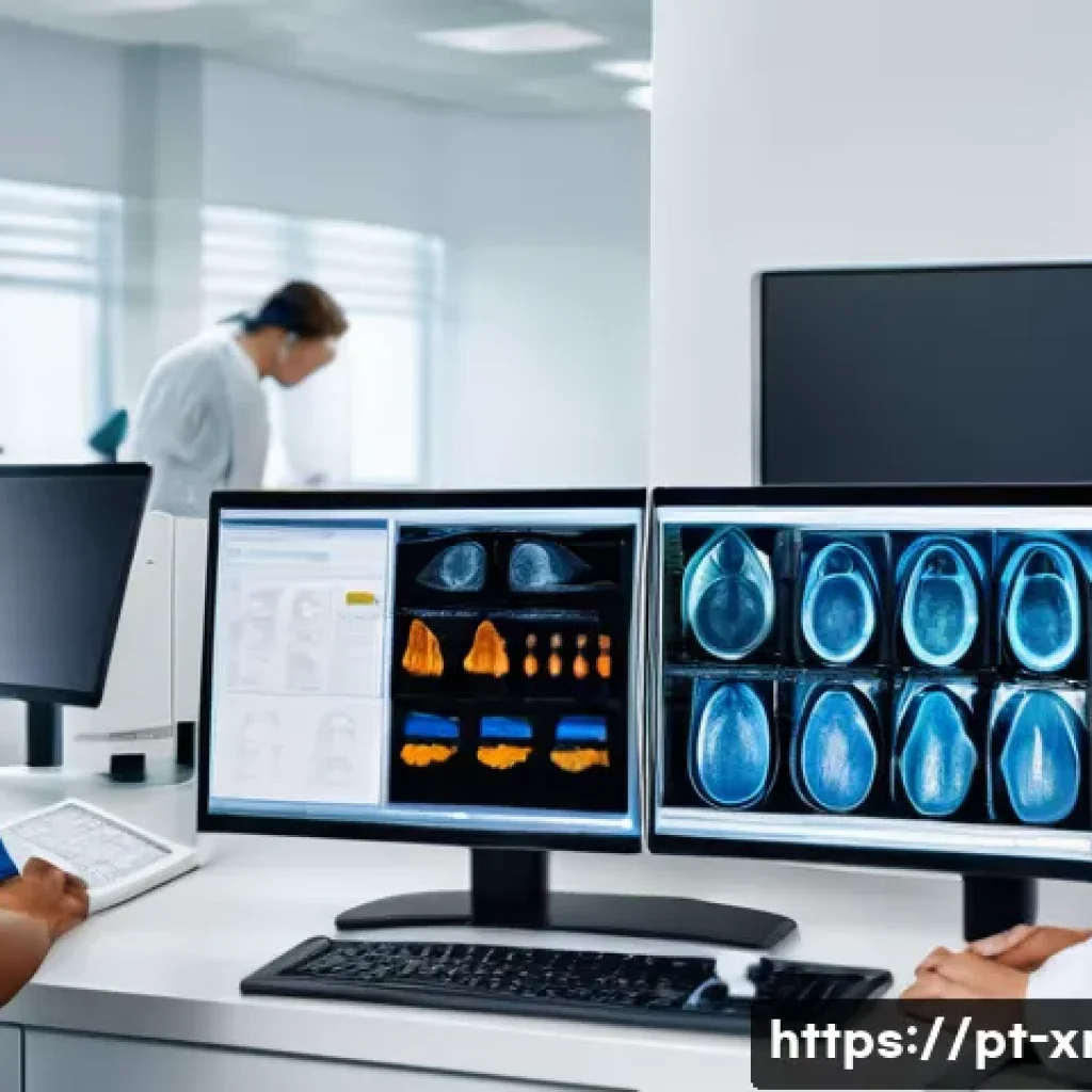 방사선사 업무 효율화 팁 - A modern radiology clinic scene showing a diverse medical team&mdash;technicians and radiologists&mdash;in a wel...