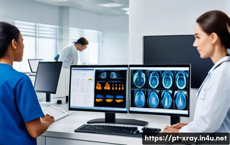 방사선사 업무 효율화 팁 - A modern radiology clinic scene showing a diverse medical team&mdash;technicians and radiologists&mdash;in a wel...