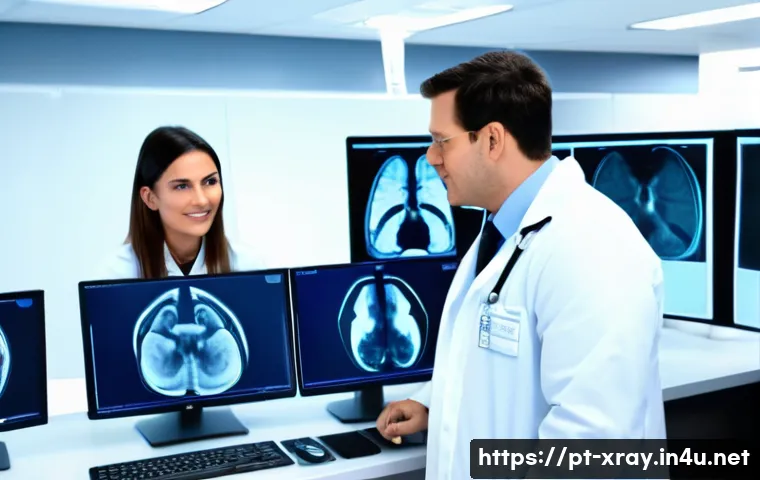 방사선사 병원 내 승진 사례 - A professional hospital radiology department scene showing a diverse team of radiologists and techni...