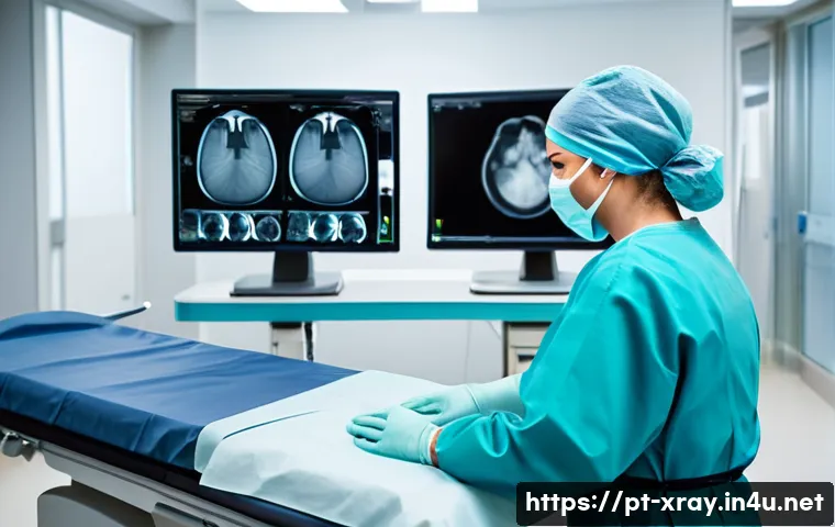 방사선사 직업 만족도 - A professional radiology technician working in a modern, well-lit hospital radiology room equipped w...