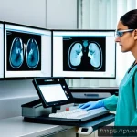 방사선사 이직 시장 전망 - A professional radiology technician in a modern hospital setting, operating an advanced AI-powered i...