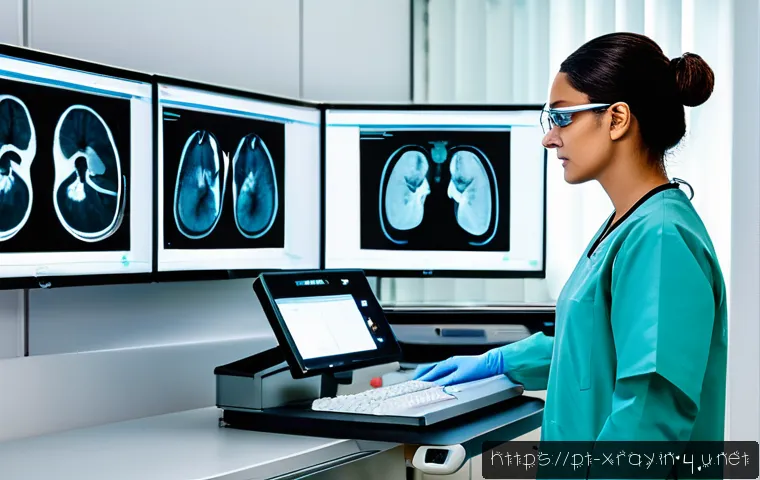 방사선사 이직 시장 전망 - A professional radiology technician in a modern hospital setting, operating an advanced AI-powered i...