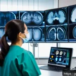 방사선사 자기소개서 작성법 - A professional radiology technician in a modern hospital setting, wearing clean, fitted scrubs and p...