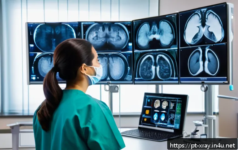 방사선사 자기소개서 작성법 - A professional radiology technician in a modern hospital setting, wearing clean, fitted scrubs and p...