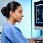 초음파 검사 기법 - A high-definition medical ultrasound machine in a modern clinic setting, displaying a detailed 3D fe...