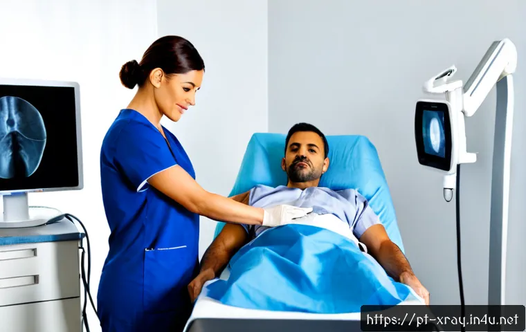 Home 17 방사선사와 직무 전문성 강화 - Photorealistic radiologic technologist in a modern Portuguese hospital imaging department, wearing c...