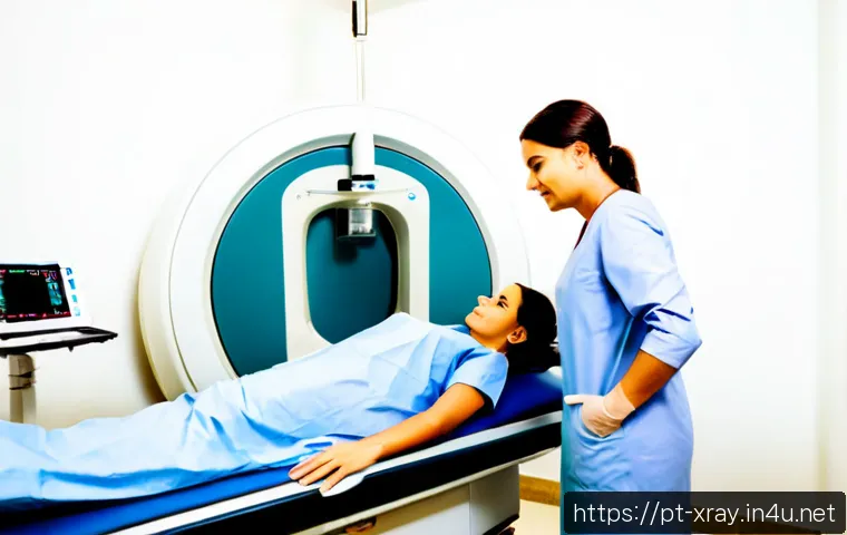 방사선사 업무 중 사고 예방 - Photorealistic radiology technologist in a modern Brazilian hospital imaging room, carefully positio...