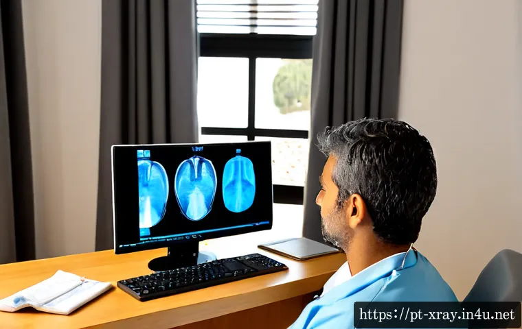 Home 17 방사선사 비대면 업무 사례 - Photorealistic radiologic technologist working remotely from a bright modern home office in Lisbon, ...