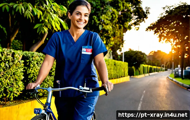 방사선사 워라밸 실현 방법 - Photorealistic Brazilian radiologic technologist in neat navy scrubs leaving a modern hospital at su...